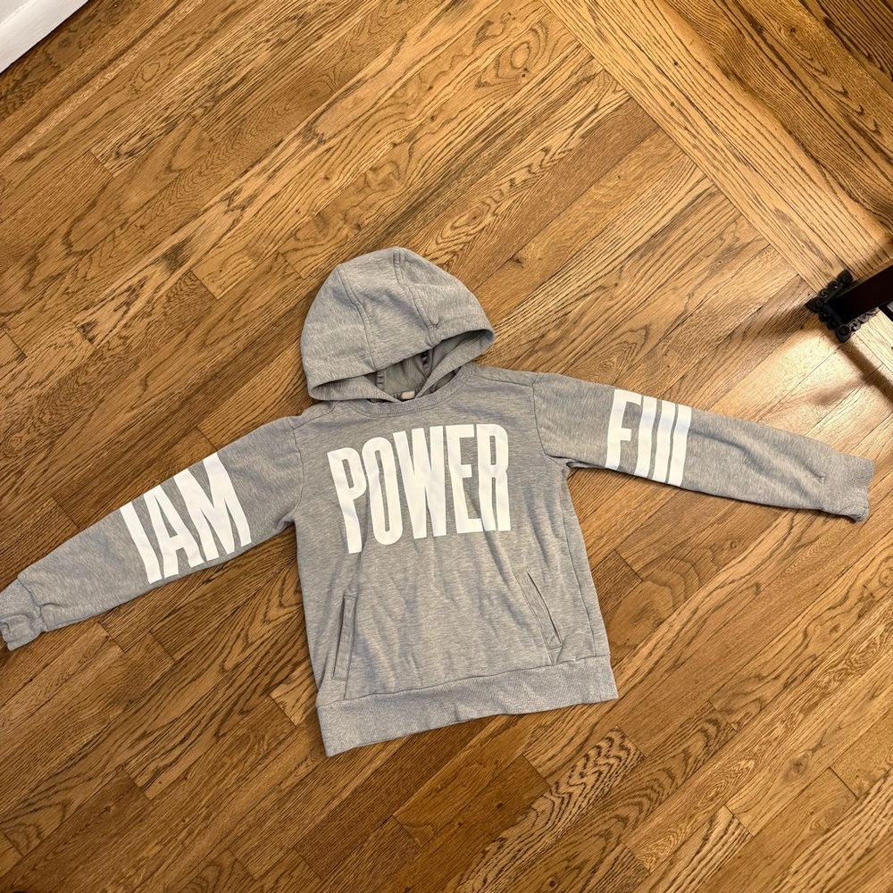 Athleta girl Gray Hoodie with Bold White 'POWER' Print